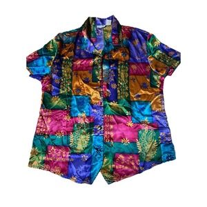 Kathryn Vintage Satin Patchwork Button Up Shirt Multicolor Paisley Boho Sz M